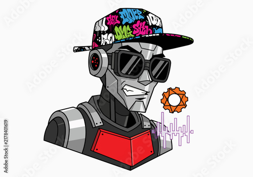 Graffiti-adorned robot with sunglasses and gear icon, isolated on transparent alpha, suitable for technology marketing, futuristic concepts and gaming graphics.