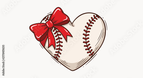 Heart shaped baseball with red ribbon bow, isolated on transparent alpha, concept for sports gifts, fan merchandise and Valentines Day promotions.