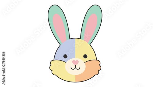 Cute colorful cartoon rabbit face with big long ears, pastel colors, and a friendly smiling mouth on a white background.