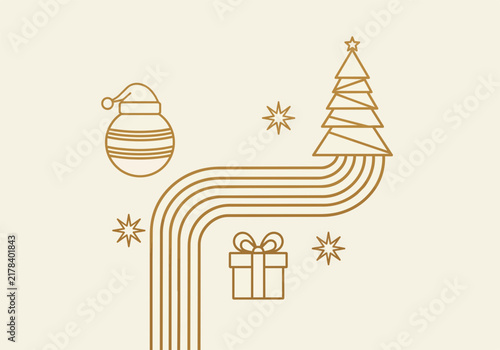 Minimalist gold line art of Christmas tree, bauble, gift, and stars with curving lines, perfect for holiday greetings, festive decorations and winter promotions.