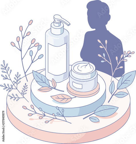 Modern skincare bottles and cream jar on display with botanical elements, isolated on transparent alpha, ideal for beauty advertising, cosmetic branding and wellness products.