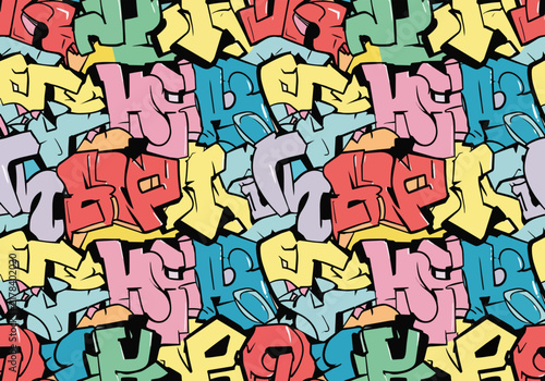Vibrant graffiti letters in pastel colors layered in a chaotic pattern, ideal for urban art, street style and graphic design backgrounds.