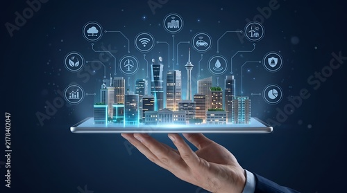 Smart city infrastructure model on digital tablet with IoT connectivity icons representing futuristic urban planning and sustainable development