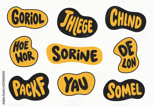 Vibrant yellow and black handwritten word stickers, bold lettering, isolated on transparent alpha, concept for graphic design, typography projects and decorative elements.