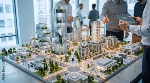 Smart city development concept with business professionals analyzing illuminated urban architectural model using digital tablet