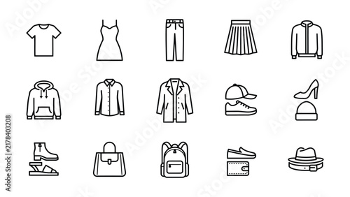 Collection of minimalist line icons for various clothing and accessory items