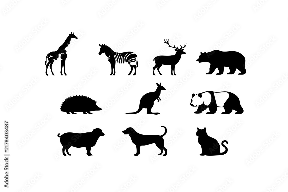Fototapeta premium Black silhouette collection of wild and domestic animals isolated on white background, Vector