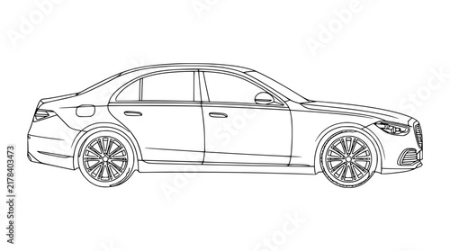 Luxury Sedan Car Line Drawing, Side View, Isolated