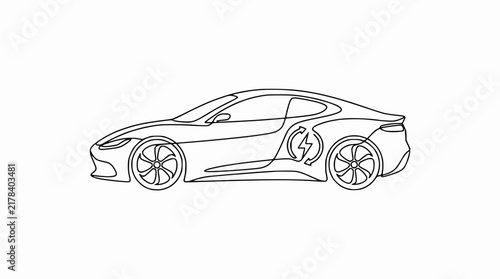 Electric Car Line Art, Continuous Line Drawing, Isolated on Transparent Background