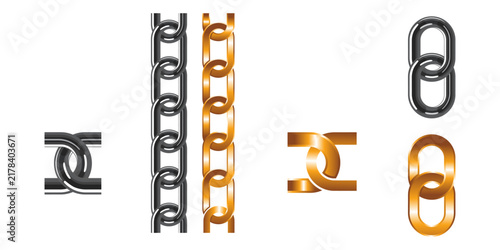 Realistic metal chains vector set in gold and silver chrome finishes.