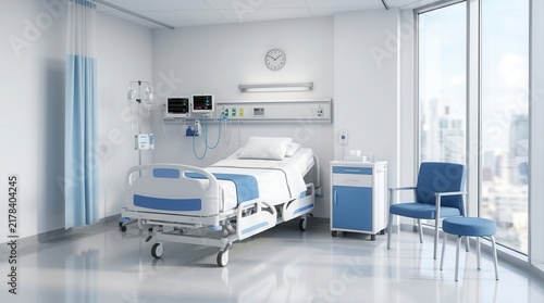 Fototapeta Healthcare clinic ward interior with an empty modern hospital room, adjustable medical bed, and monitoring equipment.