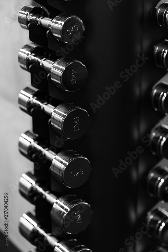 Obraz na plátně Close up of chrome dumbbells on a black weight rack in a modern gym, highlighting strength training equipment with dramatic monochrome contrast