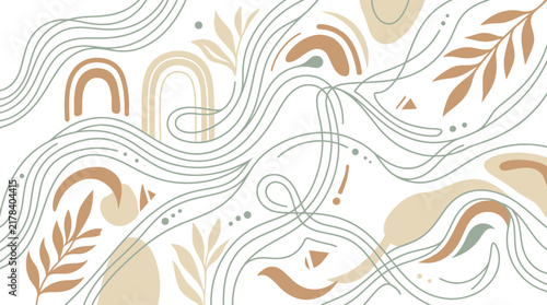 Modern abstract background with flowing lines and leaf motifs.