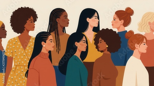 A diverse group of young women depicted in a colorful fashion illustration.