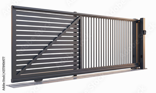 Sliding gate made of dark metallic slats stands against a transparent backdrop.