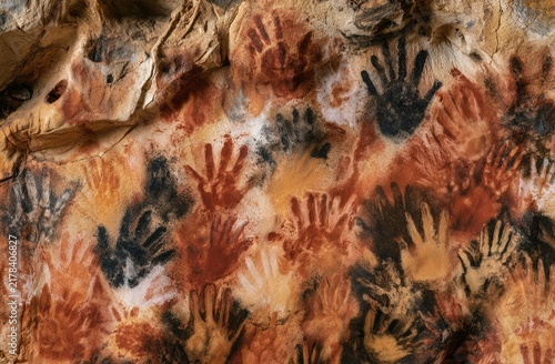 Ancient handprints in ochre paint adorn a cave wall, a primal echo