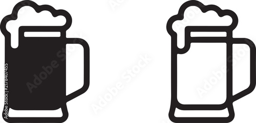 Two minimalist icons of beer mugs with overflowing foam isolated on white background
