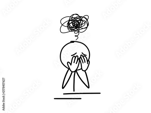 Depressed stick figure covering face in despair isolated on transparent background. Hand drawn doodle representing severe depression, grief, mental overload, burnout, sadness, and emotional breakdown.