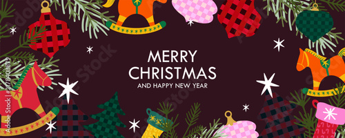 Merry Christmas. Happy New Year 2027 greeting card, banner, poster, cover templates background. Beautiful Xmas design in trendy hand drawn style with decorated Christmas trees, balls, present, candy