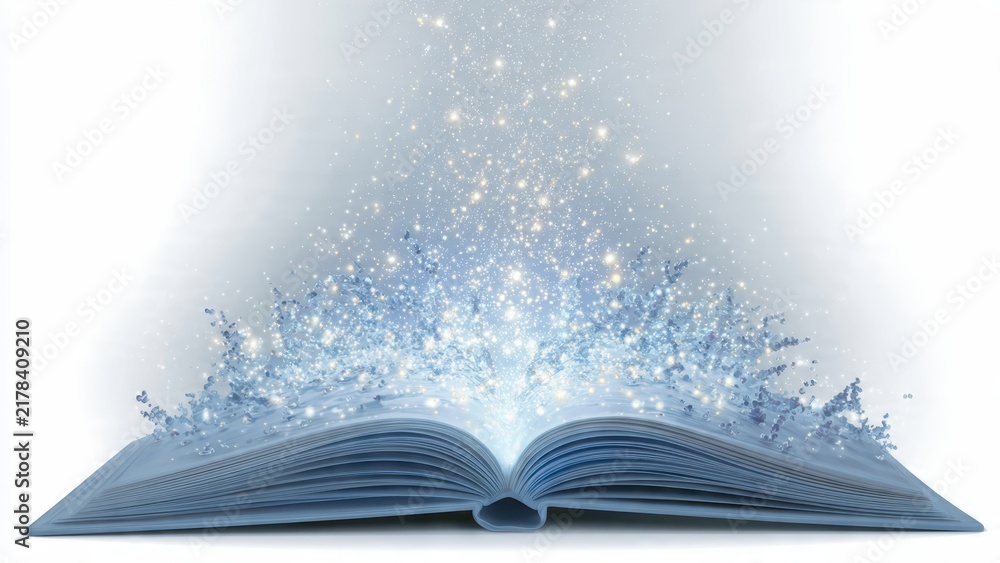Obraz premium Magical open book with sparkling fairy dust and glowing light effects