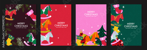 Merry Christmas. Happy New Year 2027 greeting card, banner, poster, cover templates background. Beautiful Xmas design in trendy hand drawn style with decorated Christmas trees, balls, present, candy
