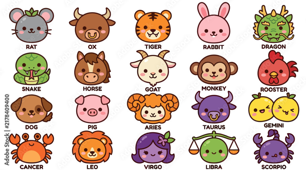 Obraz premium Cute zodiac animals and symbols collection