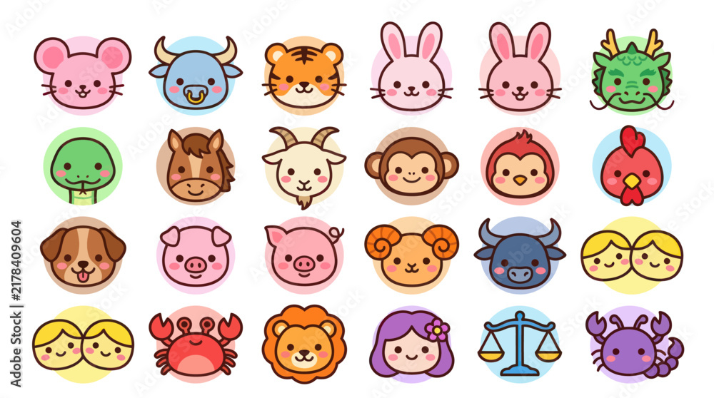 Fototapeta premium Cute zodiac animals and symbols icons