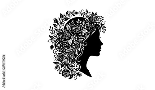 Foto woman, girl, silhouette, flower, floral, hair, rose, leaf, profile, beauty, face