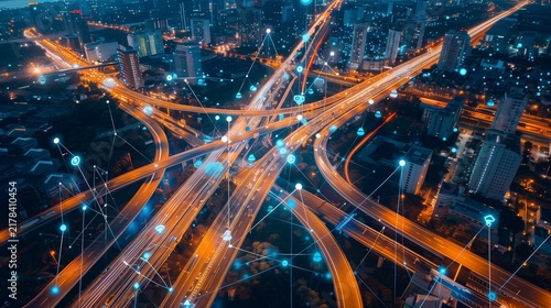 Smart city highway with digital network lines overlay.