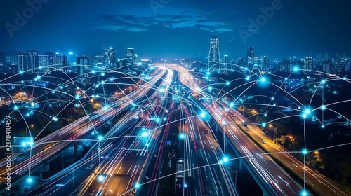Smart city highway with digital network lines overlay.