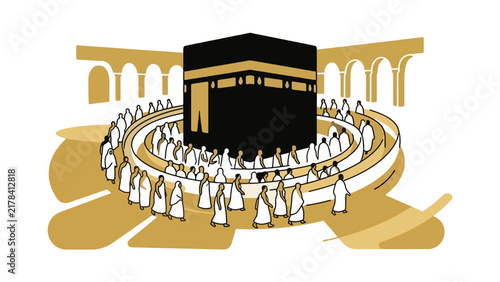 Quadro su tela Hajj pilgrimage Kaaba cube silhouette with pilgrims in white Ihram robes