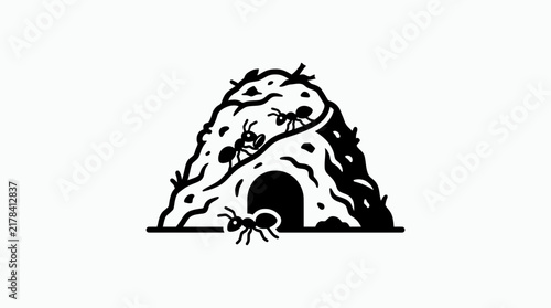 Stylized anthill silhouette with active ants.