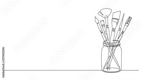 animated continuous line drawing of paintbrushes in a glass jar, minimalist art supply line art animaion with copy space