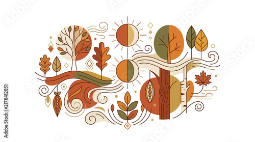 Stylized autumn nature composition with trees and leaves.
