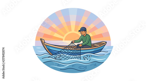 Stylized badge of fisherman pulling net in blue water.