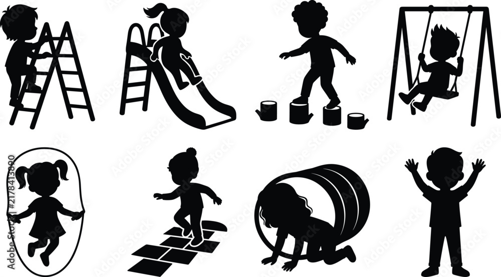 Obraz premium Children Playground Activity Silhouettes Featuring Swing Slide Balance and Outdoor Games