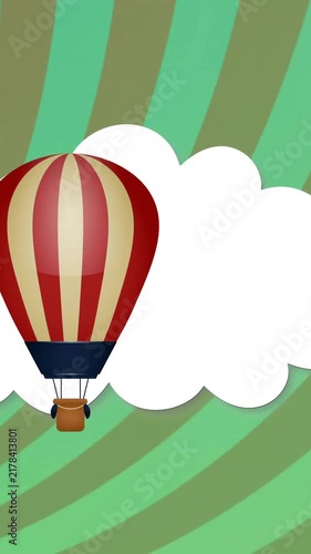 Hot air balloon floating among clouds, green striped background animation