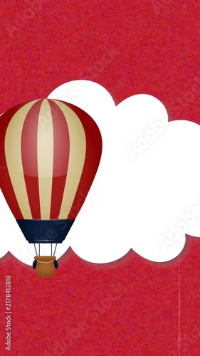 Floating among clouds, hot air balloon with red background animation