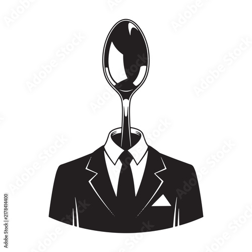 Surreal of a man in a black suit and tie with a silver spoon head isolated on a white background, for conceptual