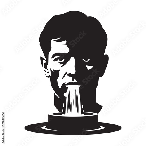Stylized black and white of a man head silhouette with water flowing from the mouth into a circular basin fountain shape