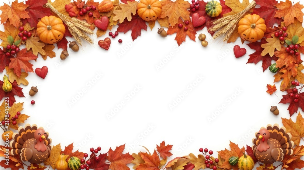 Fototapeta premium A beautiful festive frame featuring autumn falling maple leaves isolated on white background with small decorative pumpkins and seasonal foliage for your holiday design project