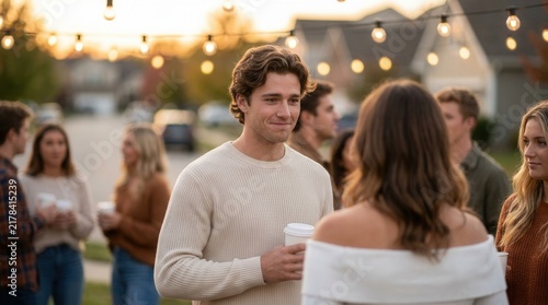 An autumn neighborhood block party where a group of adults are awkwardly exchanging numbers for the first time.