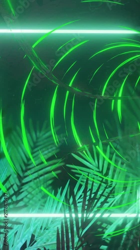 Creating futuristic vibe, neon green geometric shapes with palm leaves animation