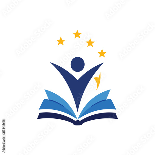 Education Achievement Logo with Open Book, Student and Stars