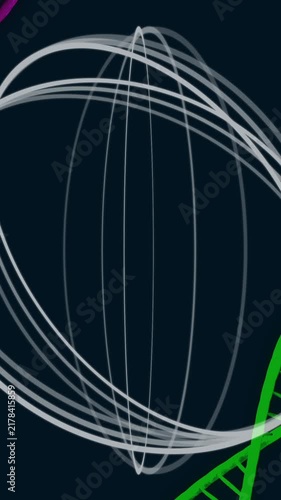 Animation of DNA strands intertwining with geometric shapes on dark background