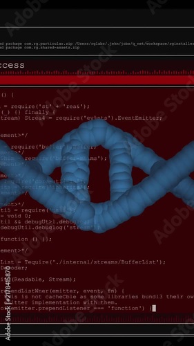 Animation of DNA strand overlaying computer code on red terminal screen