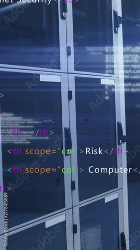 Animation of computer code overlaying server racks in data center environment