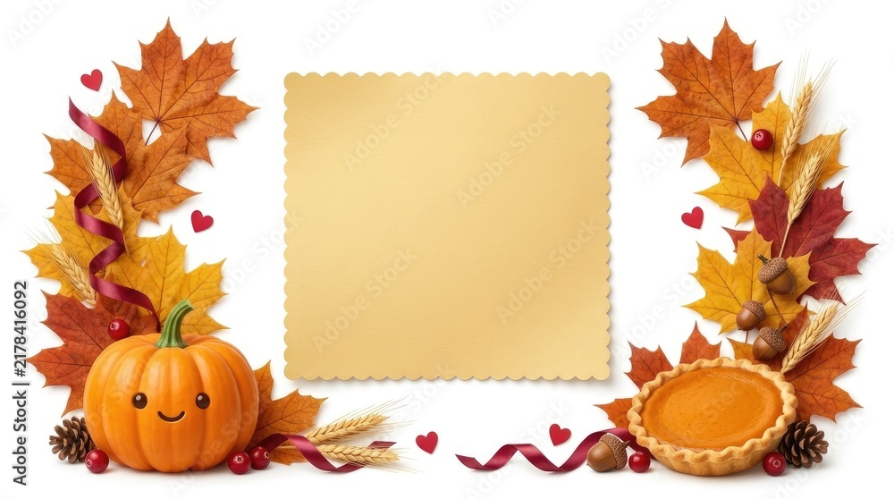 Fototapeta premium A festive seasonal composition featuring autumn falling maple leaves isolated on white background with a blank paper space for text and decorative pumpkins and pie