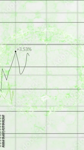 Animation of financial graph rising with percentages over green grid background
