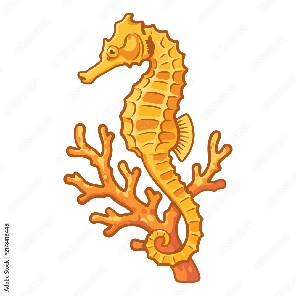 Fototapeta premium Yellow Seahorse Clinging to Orange Coral Reef Illustration